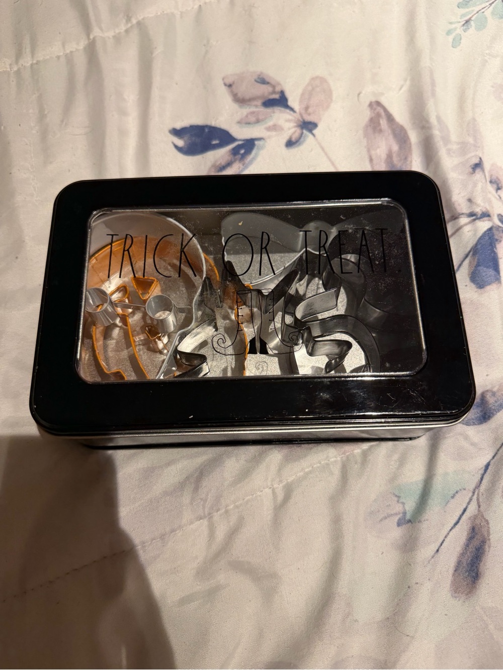 Black 'Trick or Treat' Metal Storage Tin with Halloween Cookie Cutters